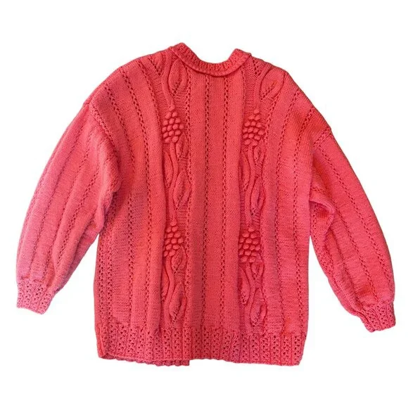 Vintage Hand-Knit Coral Cardigan Sweater Leaf Bobble Cozy Grandma Knubby Cottag - Picture 7 of 7